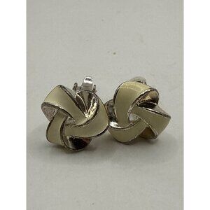 Vintage Monet Knot Clip-On Earrings Silver Tone & Cream Enamel
